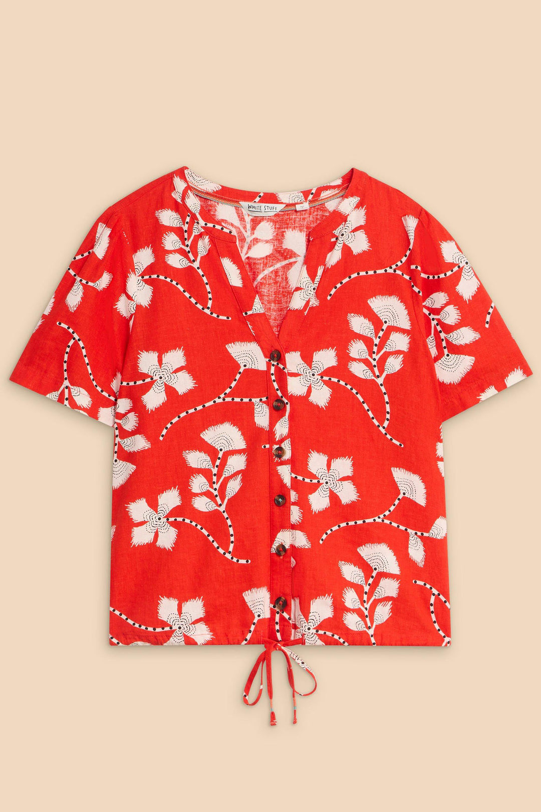 White Stuff 440413 Ferne Red Print Linen Blend Short Sleeve Shirt - Shirley Allum Boutique