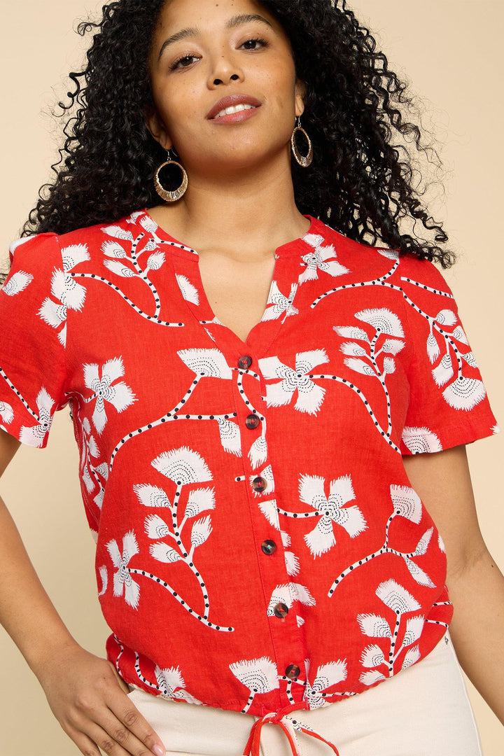 White Stuff 440413 Ferne Red Print Linen Blend Short Sleeve Shirt - Shirley Allum Boutique