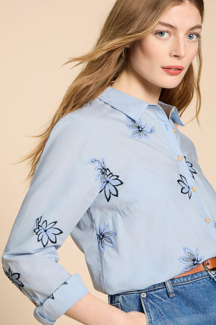 White Stuff 440421 Sophie Blue Embroidered Shirt - Shirley Allum Boutique