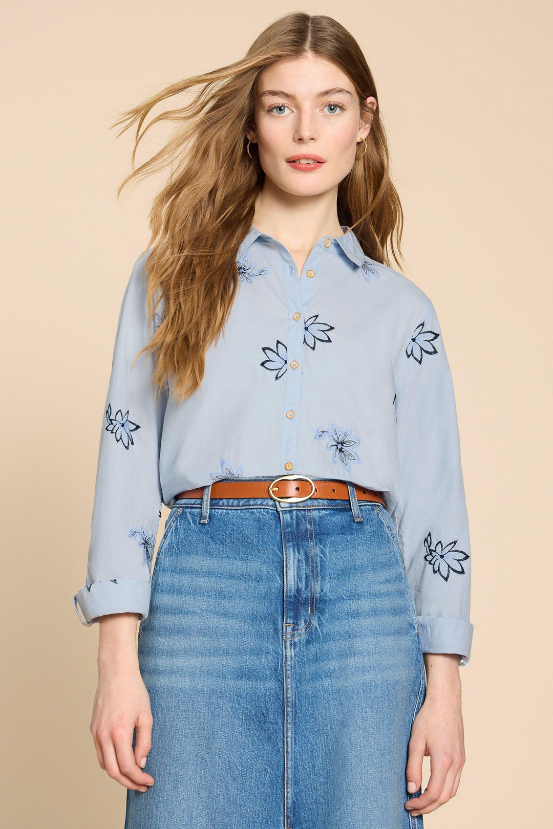 White Stuff 440421 Sophie Blue Embroidered Shirt - Shirley Allum Boutique