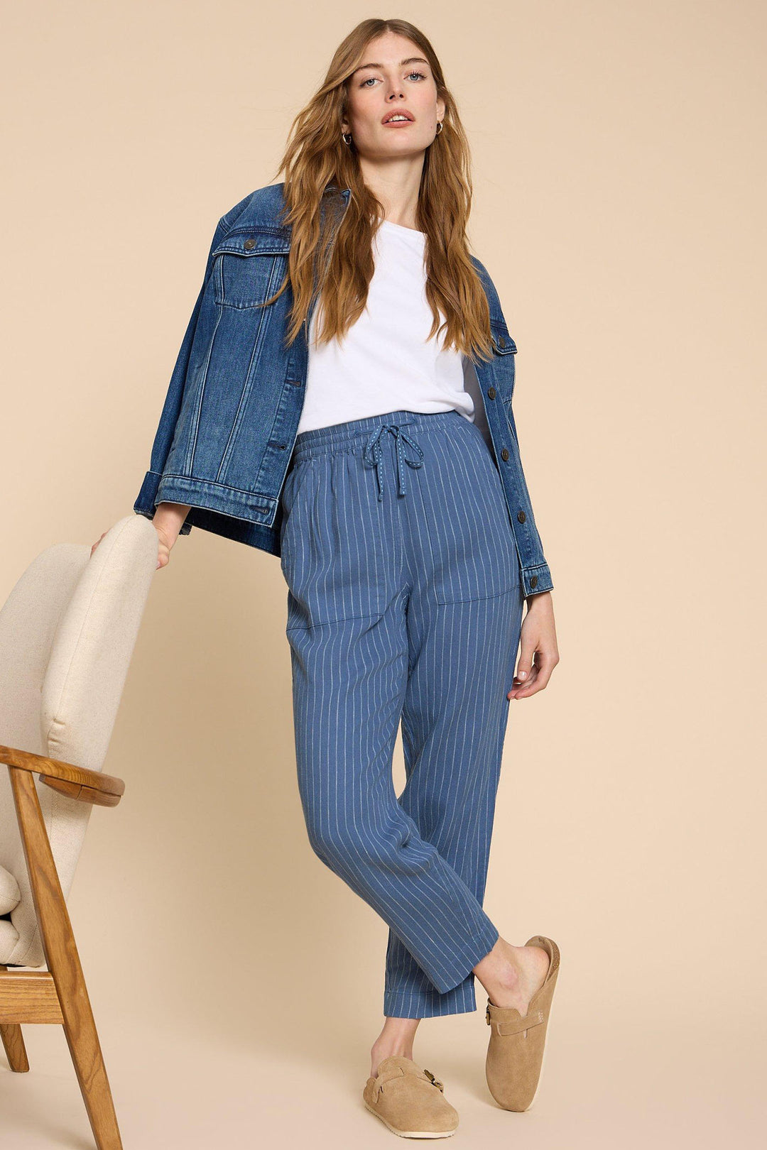 White Stuff 440433 Elle Blue Striped Linen Blend Trousers - Shirley Allum Boutique