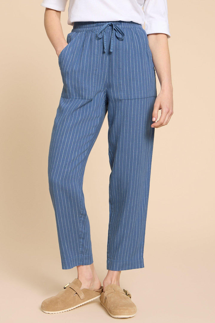 White Stuff 440433 Elle Blue Striped Linen Blend Trousers - Shirley Allum Boutique