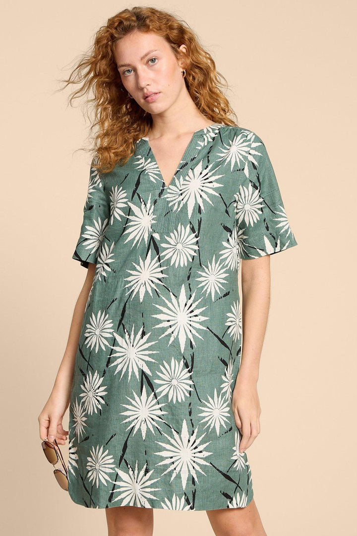 White Stuff 440452 June Green Print Linen Shift Dress - Shirley Allum Boutique