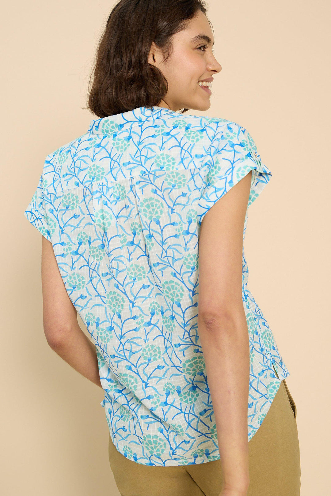 White Stuff 440875 Ellie Ivory Turquoise Print Organic Cotton Shirt - Shirley Allum Boutique