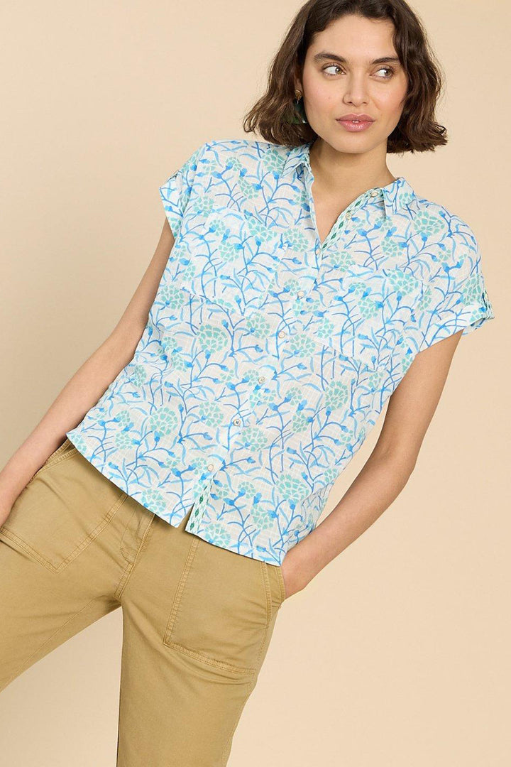 White Stuff 440875 Ellie Ivory Turquoise Print Organic Cotton Shirt - Shirley Allum Boutique