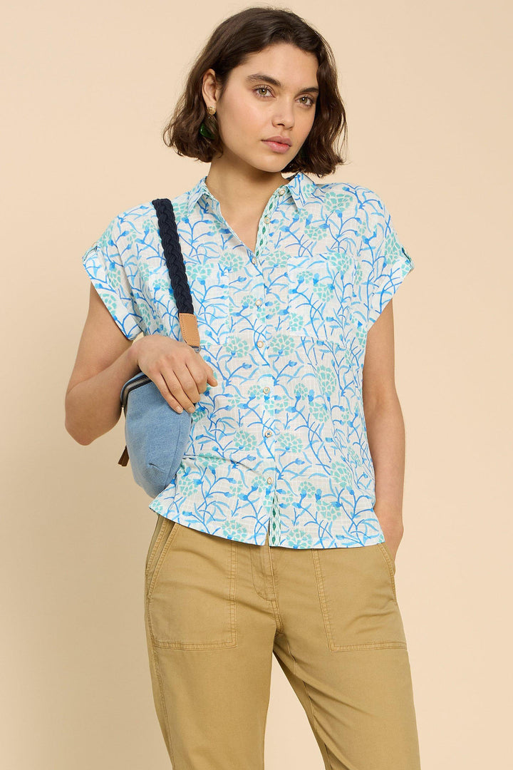 White Stuff 440875 Ellie Ivory Turquoise Print Organic Cotton Shirt - Shirley Allum Boutique