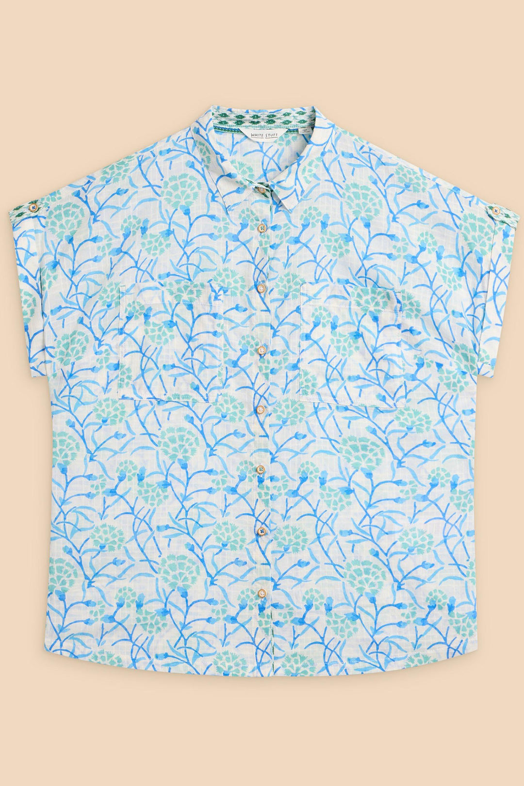 White Stuff 440875 Ellie Ivory Turquoise Print Organic Cotton Shirt - Shirley Allum Boutique