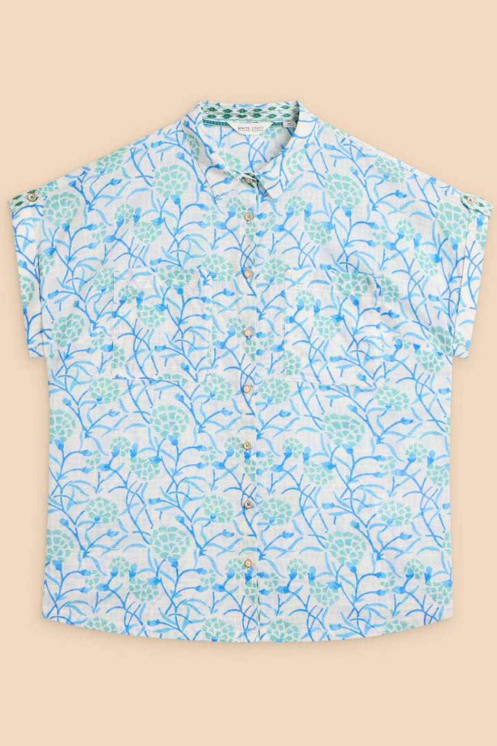 White Stuff 440875 Ellie Ivory Turquoise Print Organic Cotton Shirt - Shirley Allum Boutique