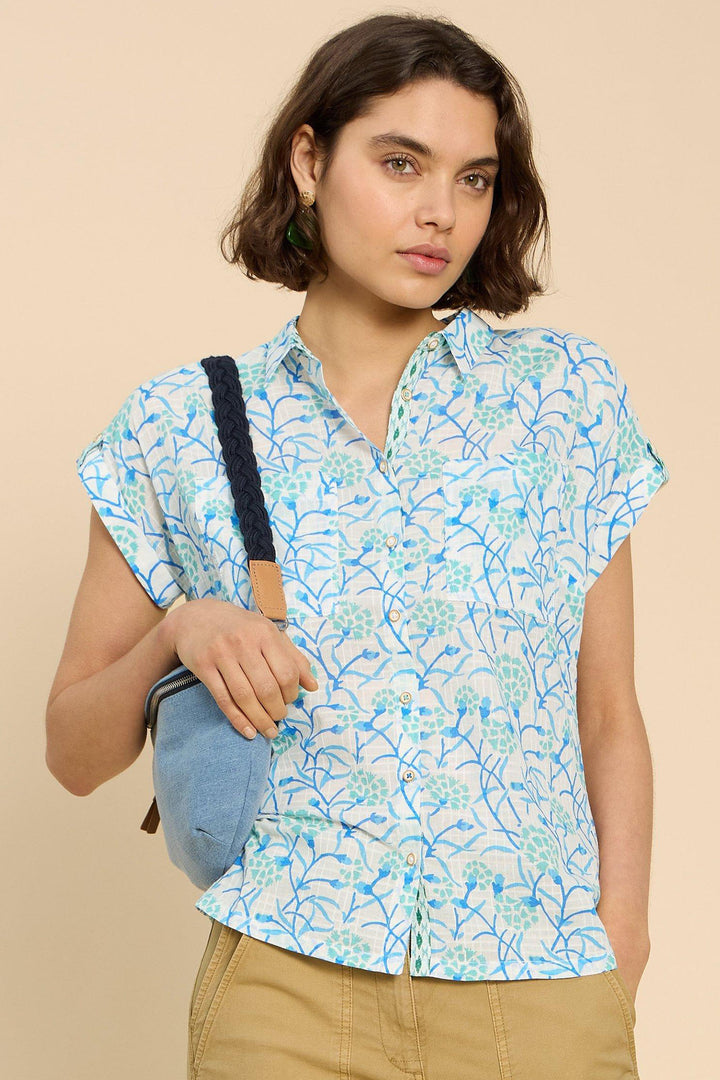 White Stuff 440875 Ellie Ivory Turquoise Print Organic Cotton Shirt - Shirley Allum Boutique