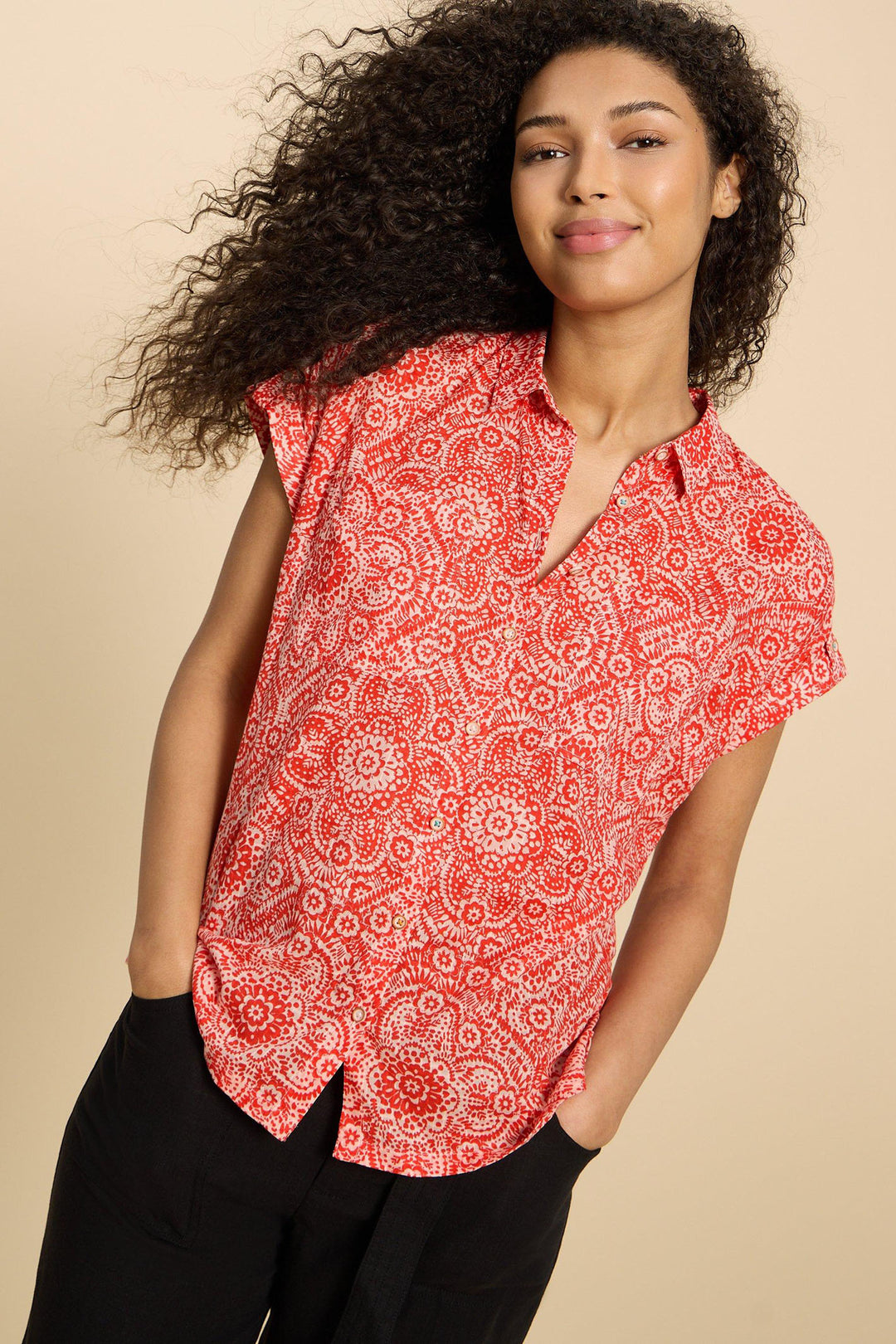 White Stuff 440875 Ellie Orange Print Organic Cotton Shirt - Shirley Allum Boutique