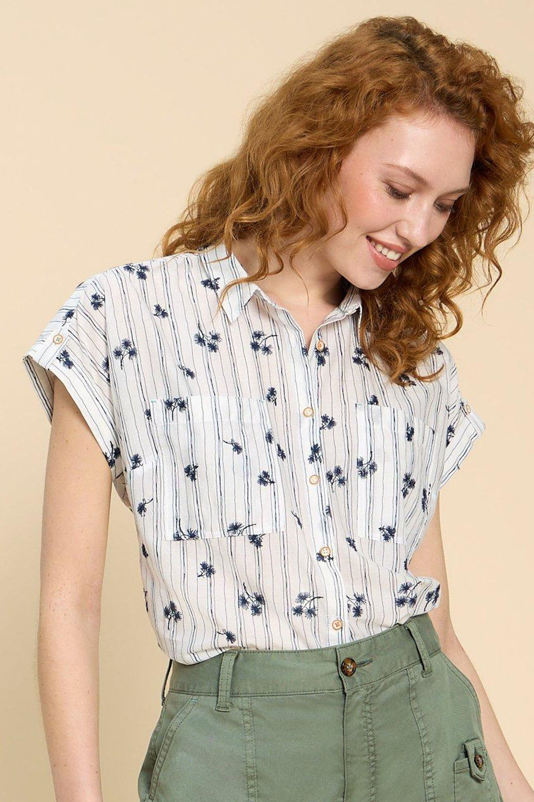 White Stuff 440876 Ellie Ivory Multicolour Stripe Embroidered Shirt - Shirley Allum Boutique