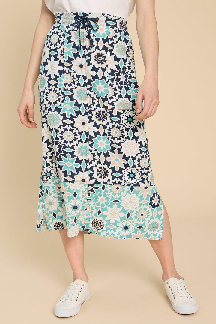 White Stuff 440939 Elle Navy Print Linen Blend Skirt - Shirley Allum Boutique