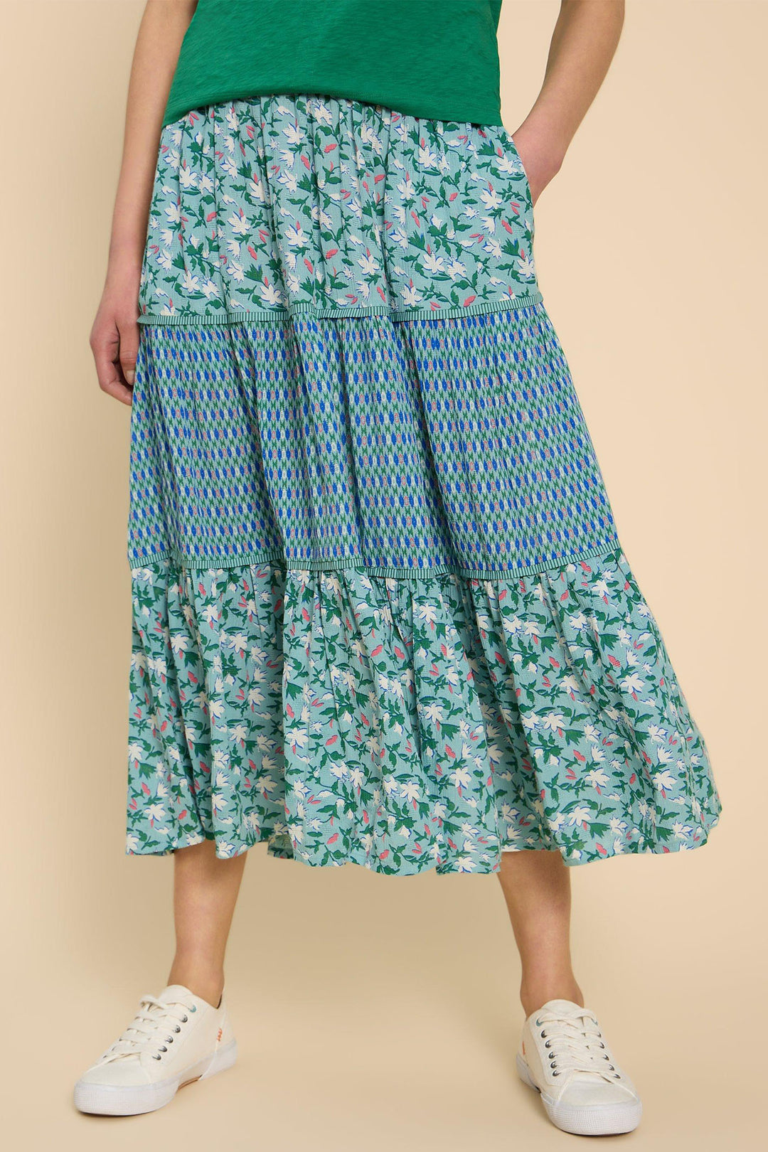 White Stuff 441004 Mabel Teal Green Mixed Print Skirt - Shirley Allum Boutique