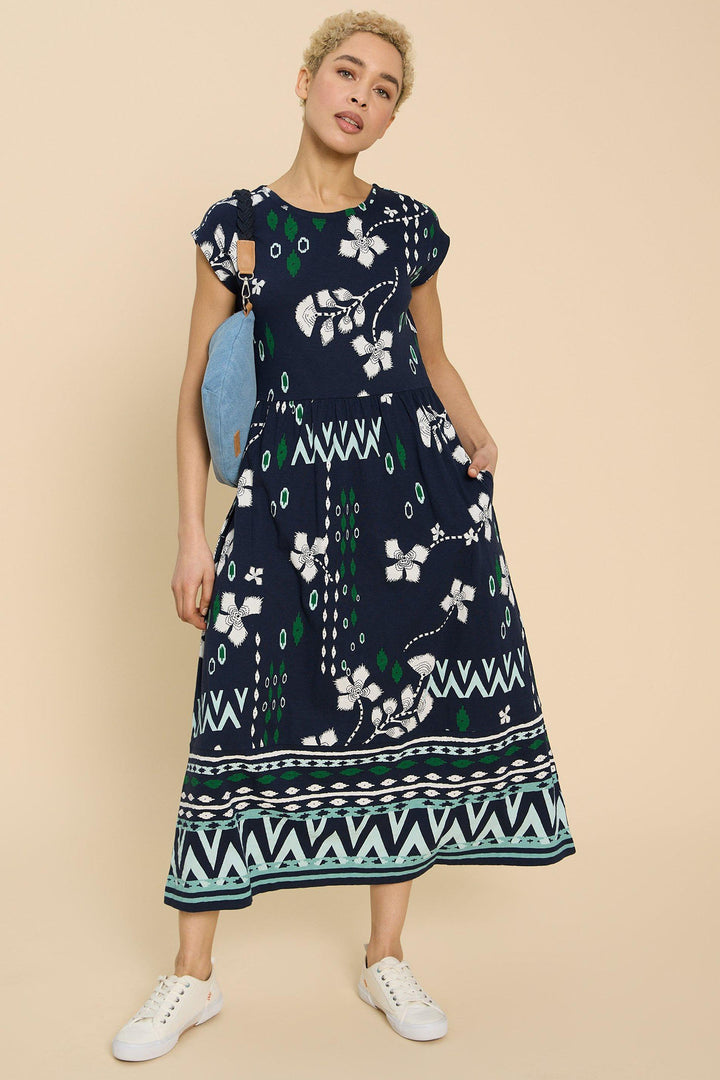 White Stuff 441011 Addison Navy Print Cotton Jersey Dress - Shirley Allum Boutique