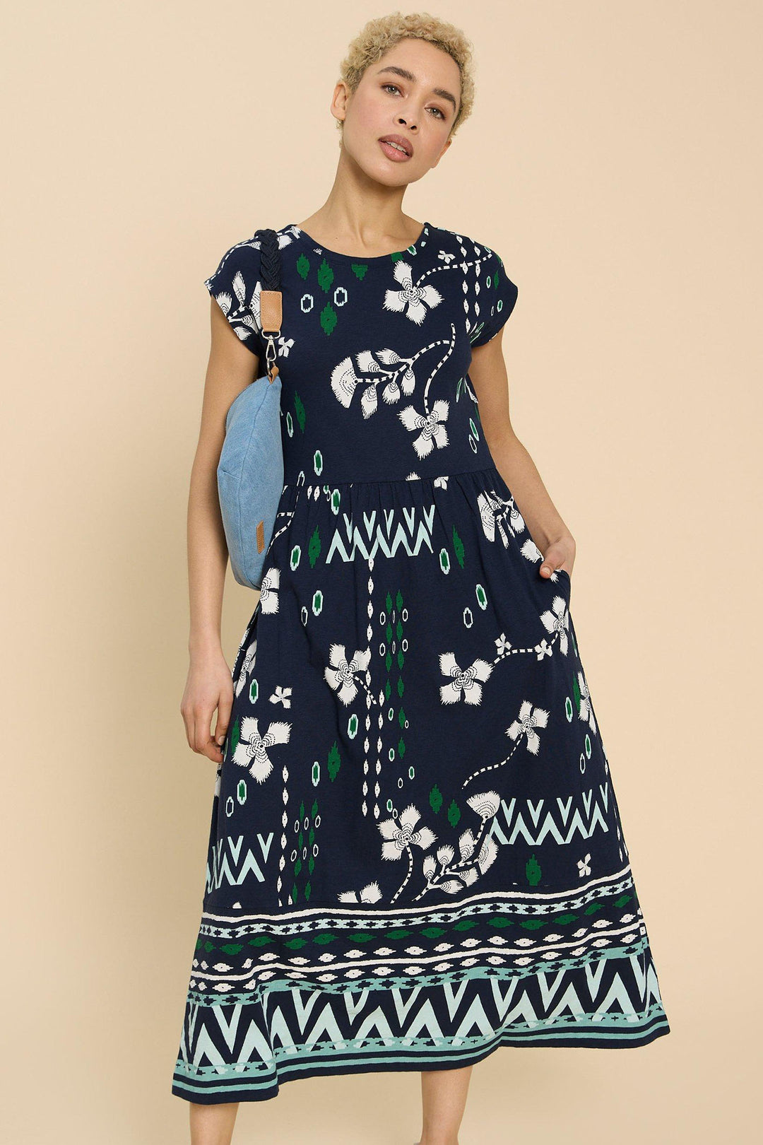 White Stuff 441011 Addison Navy Print Cotton Jersey Dress - Shirley Allum Boutique