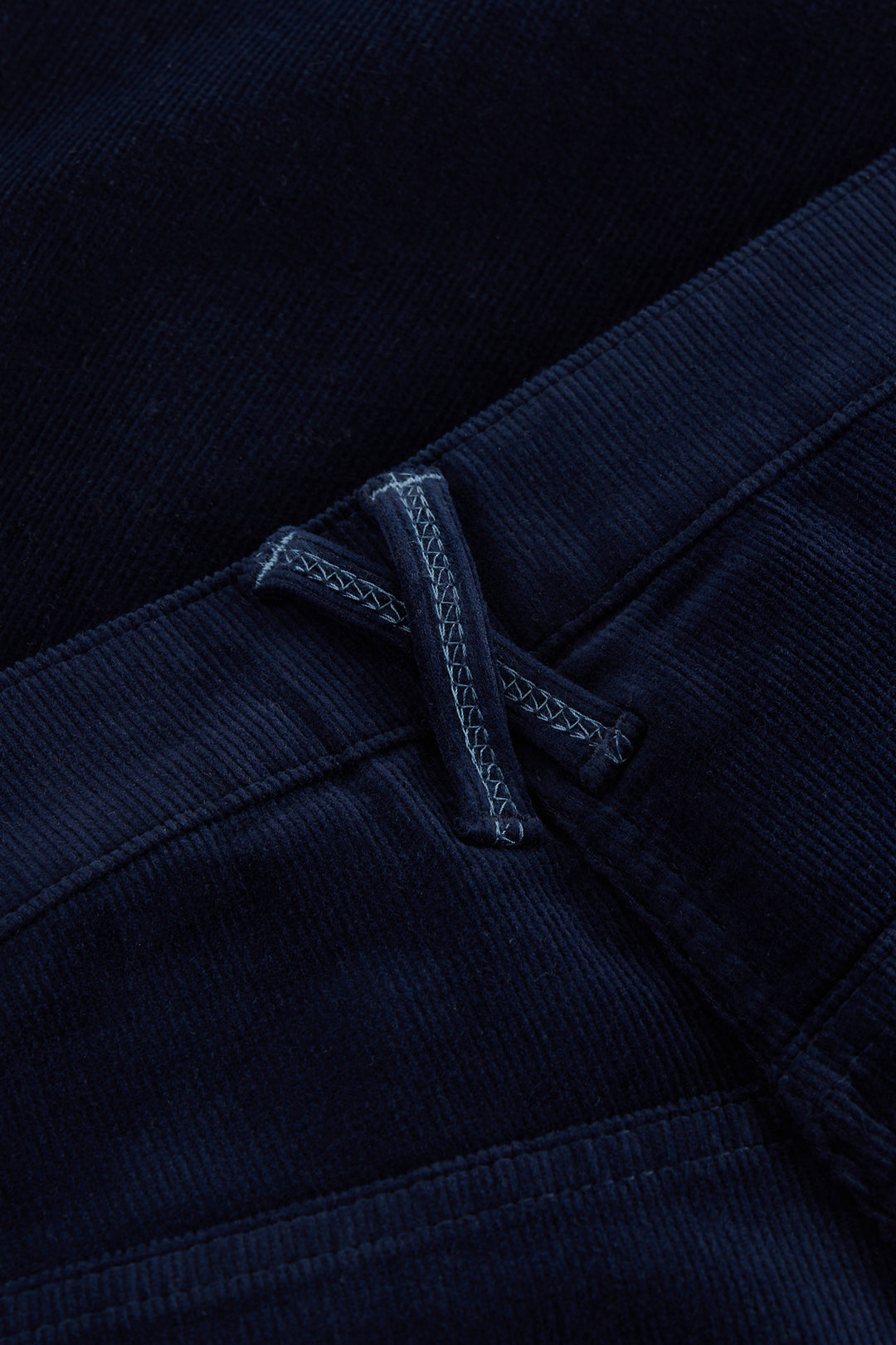 Close-up of dark blue fabric with stitching detail