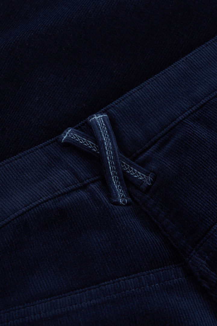 Close-up of dark blue fabric with stitching detail