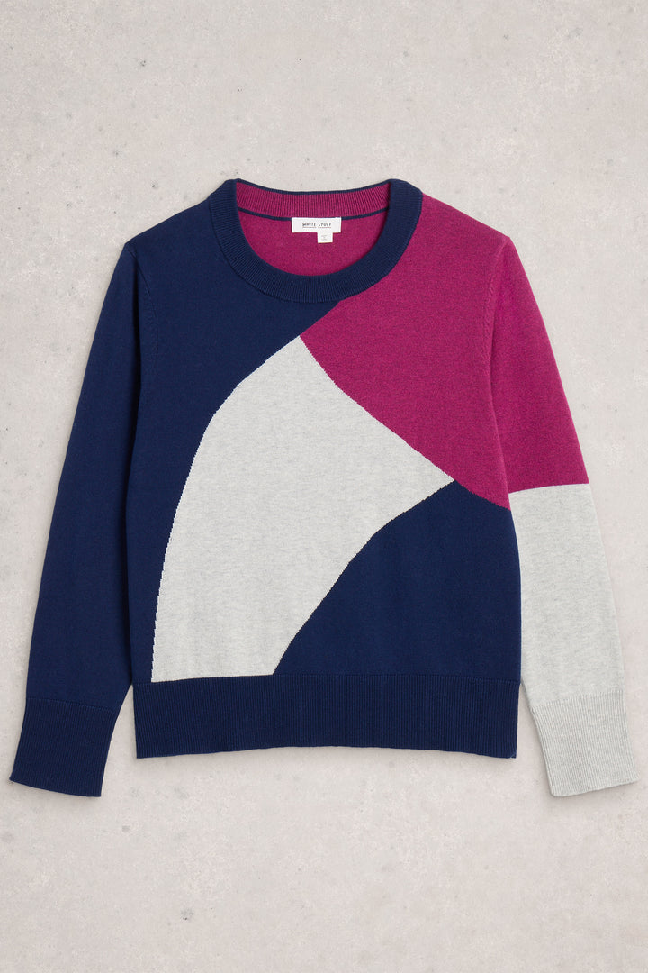 Color-blocked sweater with blue, pink, and gray sections on a light gray background