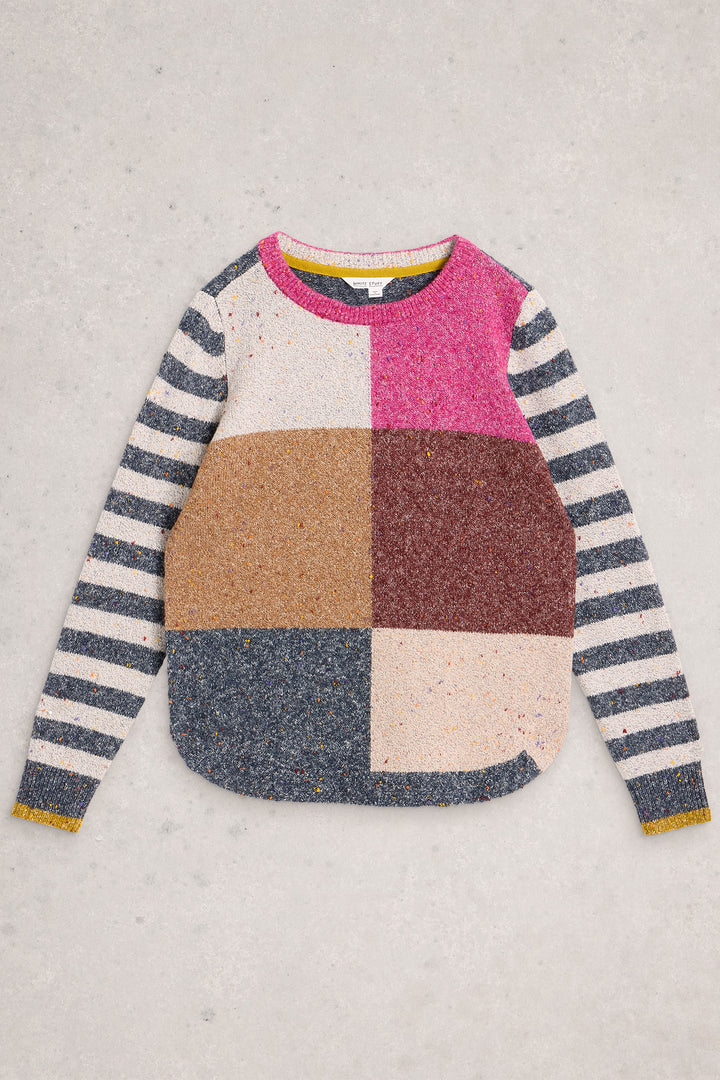Color-blocked sweater with striped sleeves on a light gray background