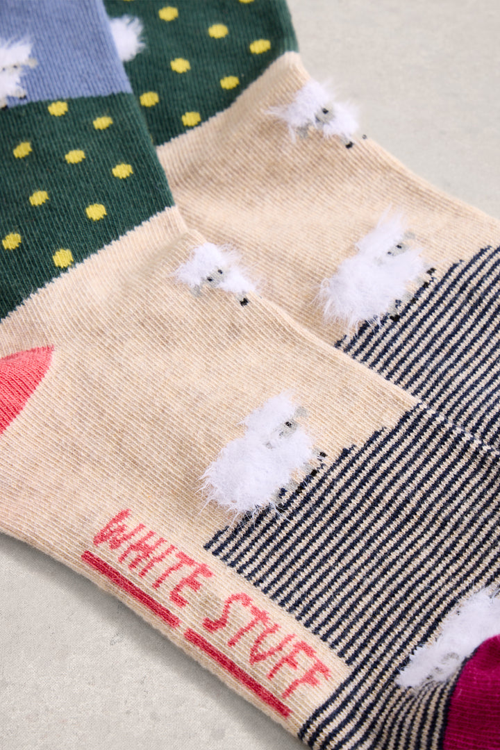 White Stuff 444096 Blue Multicolour Fluffy Ankle Sock