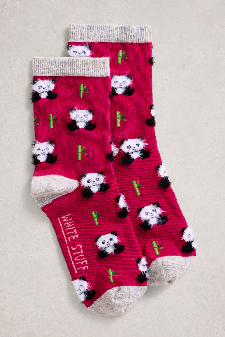 Pink socks with panda bear design on a light gray background