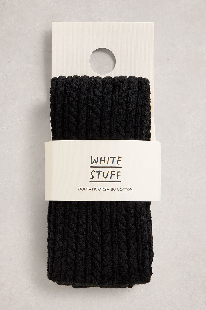 Black knit tights on a white card with 'White Stuff' branding on a light gray background