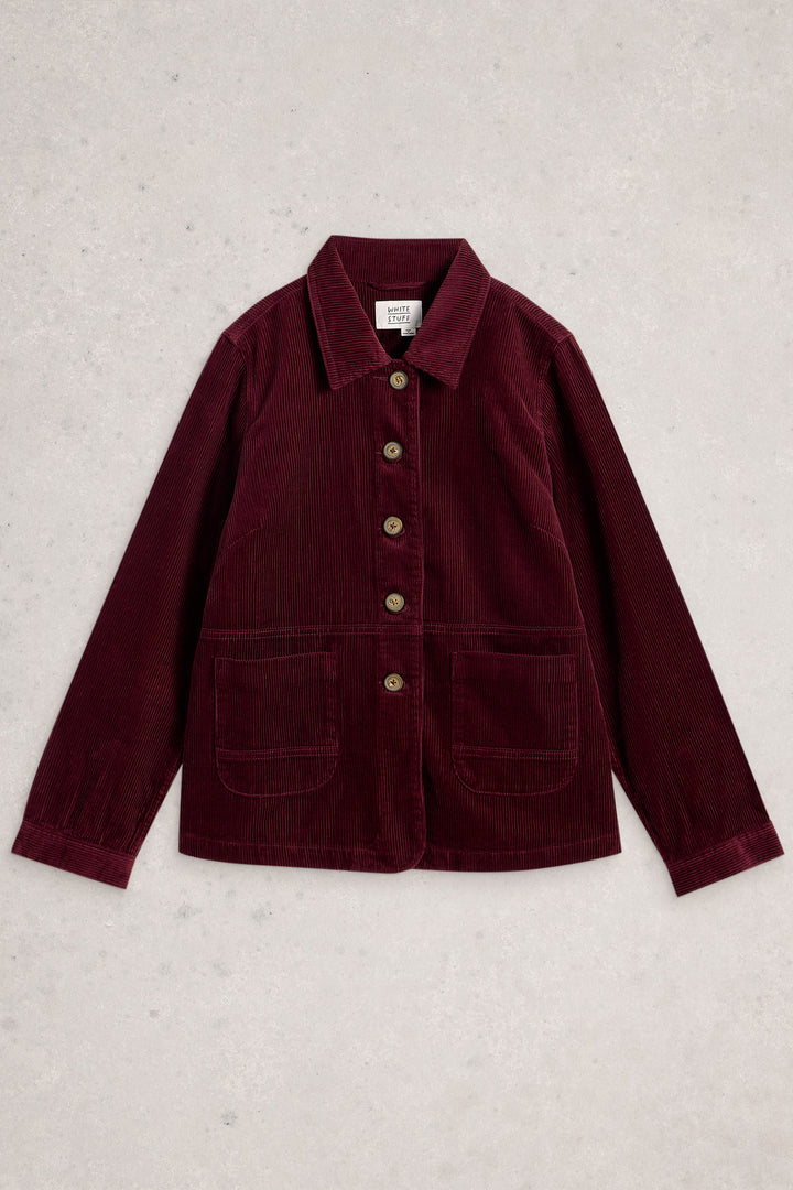 Maroon jacket with button details on a light gray background