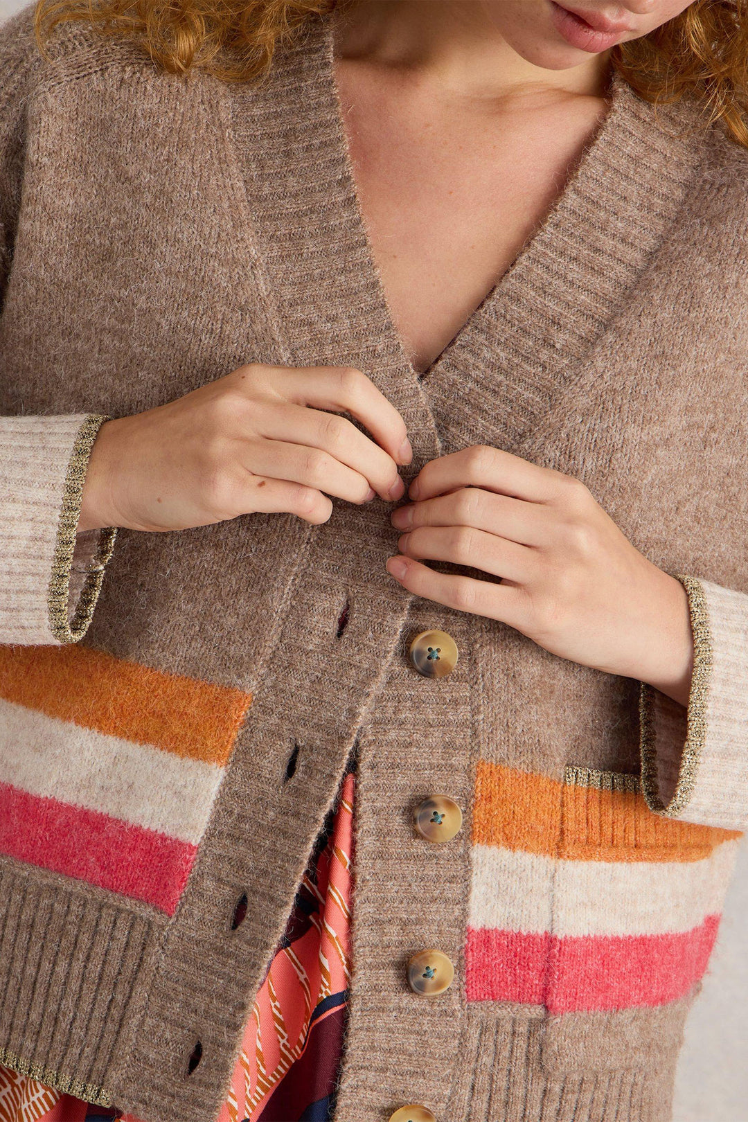 White Stuff Judi Natural Beige Multicolour Stripe Cardigan 441724 - Shirley Allum Boutique