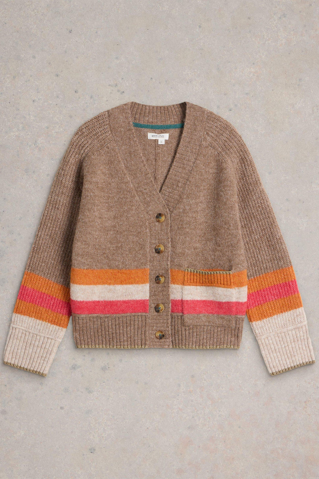 White Stuff Judi Natural Beige Multicolour Stripe Cardigan 441724 - Shirley Allum Boutique