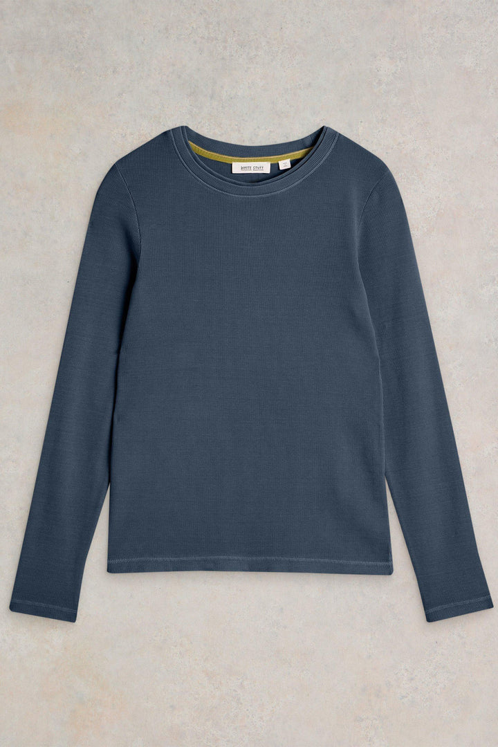 White Stuff Sadie Long Sleeve Rib Tee Mid Blue 441856 - Shirley Allum Boutique
