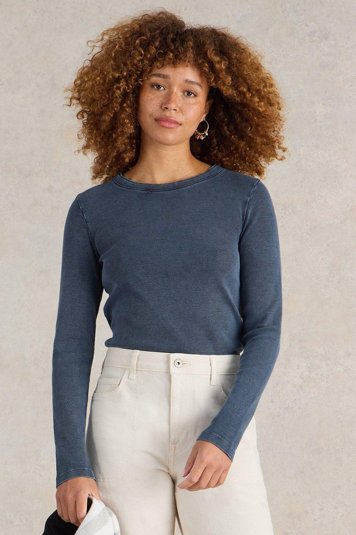 White Stuff Sadie Long Sleeve Rib Tee Mid Blue 441856 - Shirley Allum Boutique