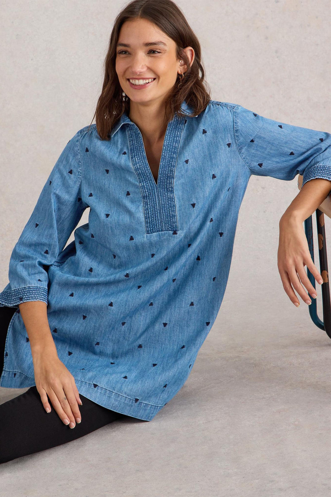 White Stuff Tunic Blaire Mid Denim Blue Embroidered 441460 6386BB - Shirley Allum Boutique