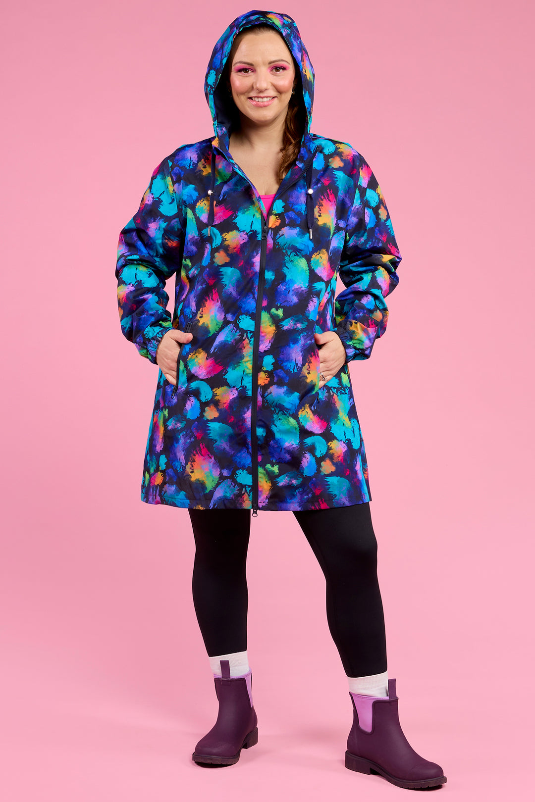 Wilderly LLR-RSP Navy Rainbow Splatter Longline Raincoat