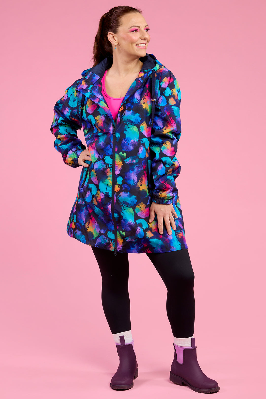 Wilderly LLR-RSP Navy Rainbow Splatter Longline Raincoat