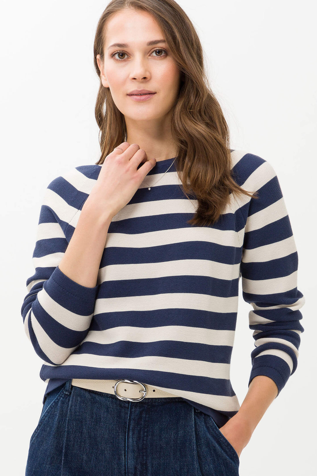 Brax 32-4018 23 Lesley Indigo Blue Stripe Long Sleeve Cotton Jumper - Shirley Allum Boutique