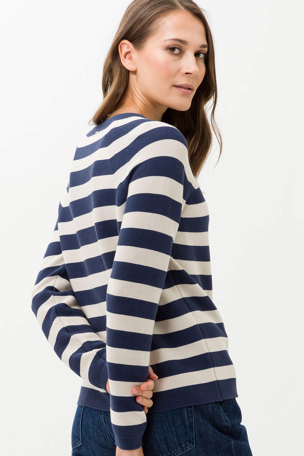 Brax 32-4018 23 Lesley Indigo Blue Stripe Long Sleeve Cotton Jumper - Shirley Allum Boutique