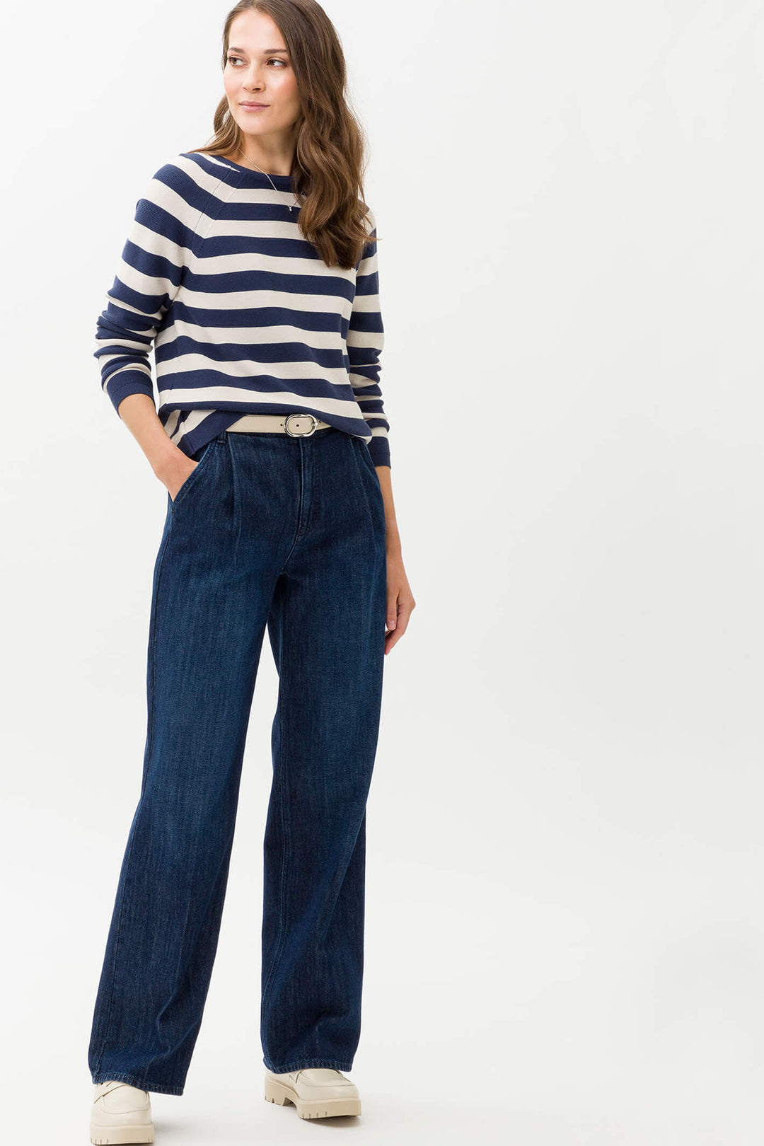 Brax 32-4018 23 Lesley Indigo Blue Stripe Long Sleeve Cotton Jumper - Shirley Allum Boutique