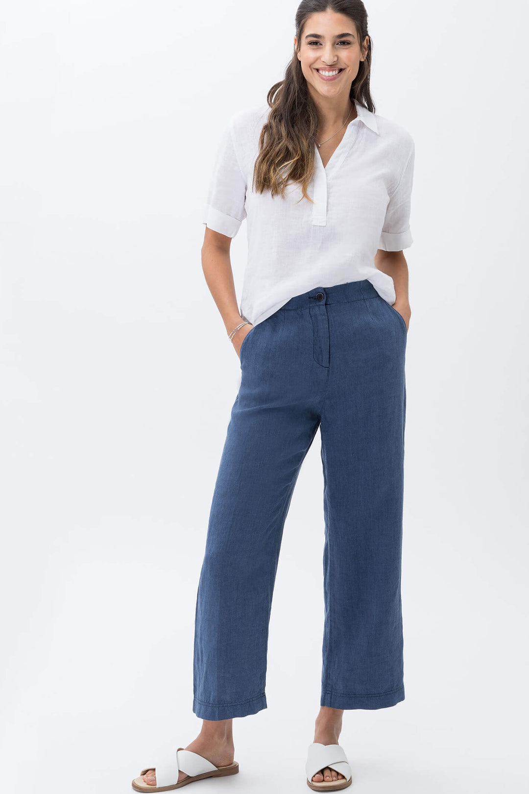 Brax 71-2208-23 Maine S Indigo Blue Wide Leg Cropped Trousers - Shirley Allum Boutique