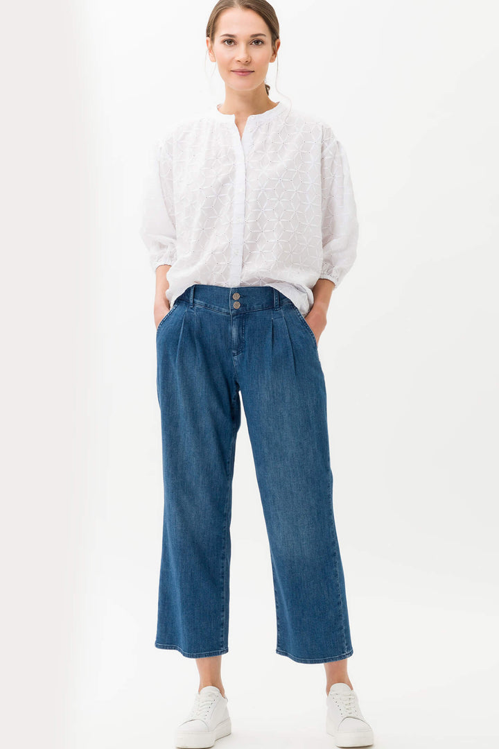 Brax 72-7808 26 Maine S Used Look Stone Blue Wide Leg Crop Jean - Shirley Allum Boutique