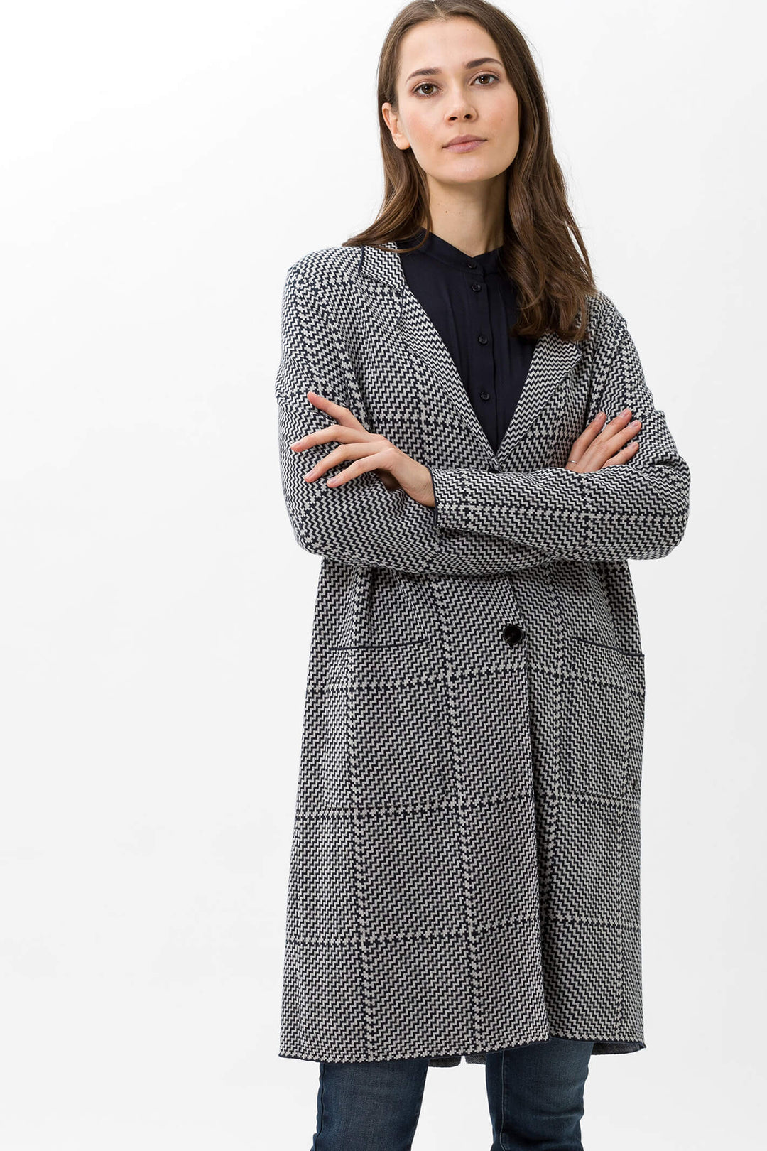 Brax Amelie 35-9044 20 Marine Blue Checked Coat - Shirley Allum Boutique