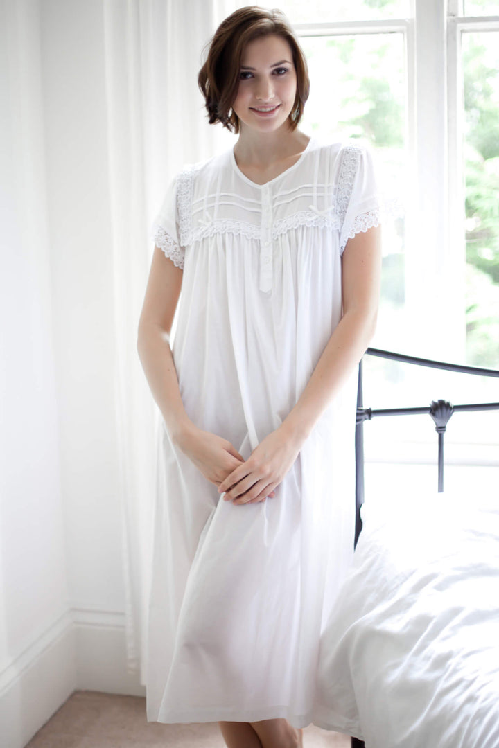 Cottonreal Cara White Victorian Cotton Lawn Short Sleeve Nightdress - Shirley Allum Boutique
