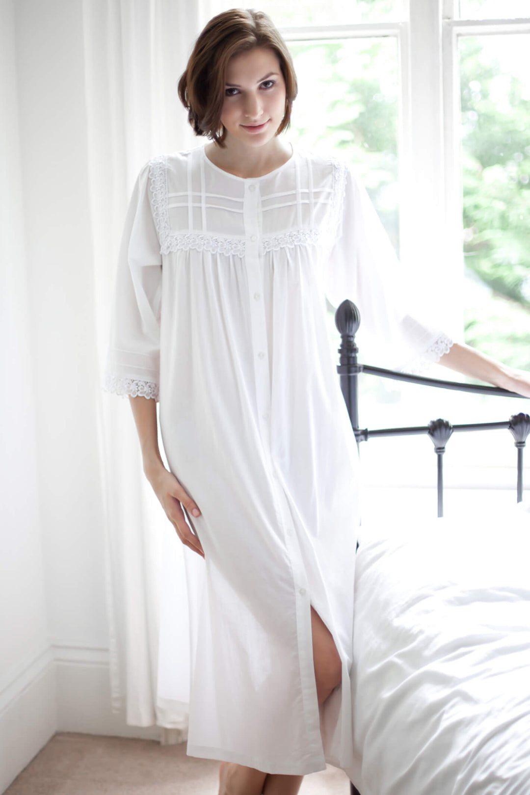 Cottonreal Cassia White Victorian Cotton Lawn Housecoat Nightdress - Shirley Allum Boutique