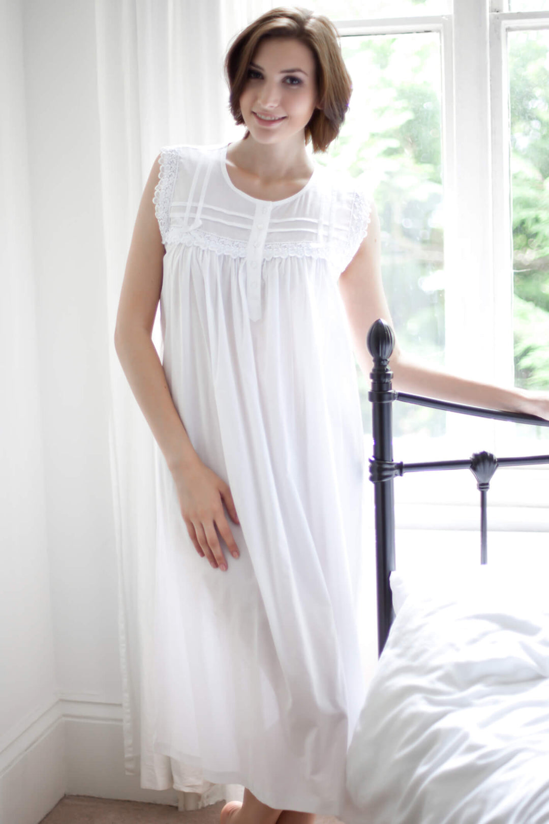 Cottonreal Caty White Victorian Cotton Lawn Sleeveless Nightdress - Shirley Allum Boutique