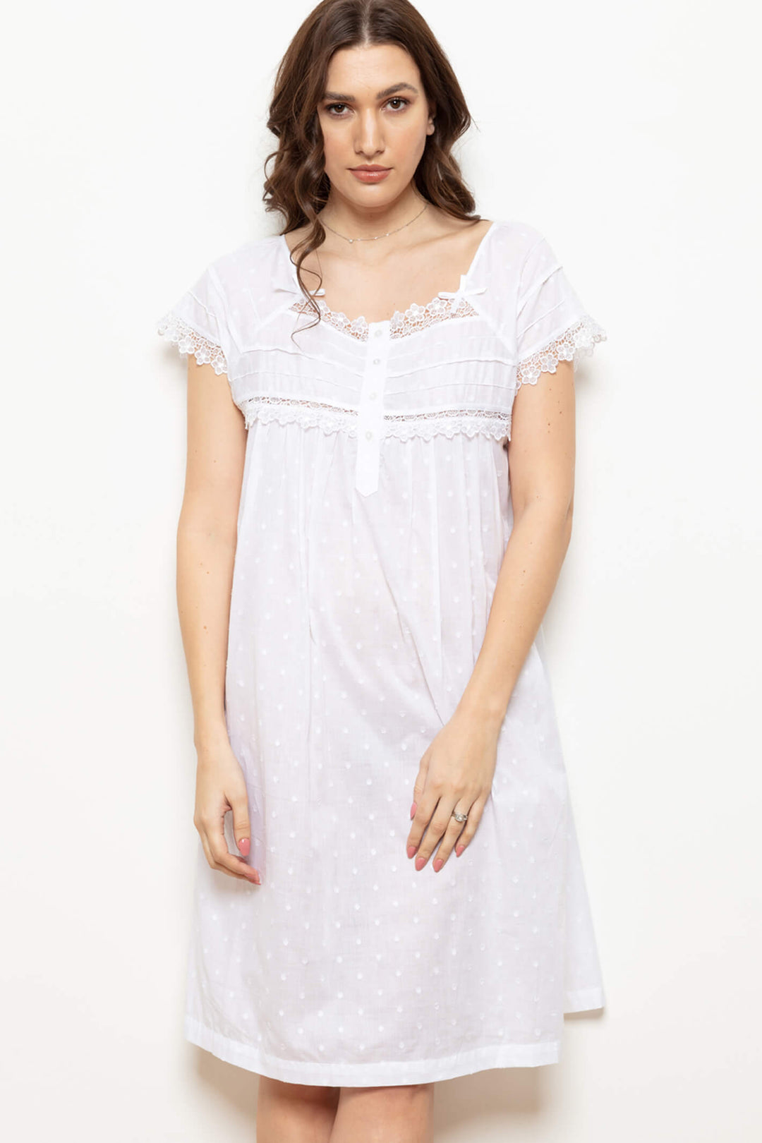 Cottonreal Fifias White Cotton Lawn Polka Dot Melon Sleeve Nightdress - Shirley Allum Boutique