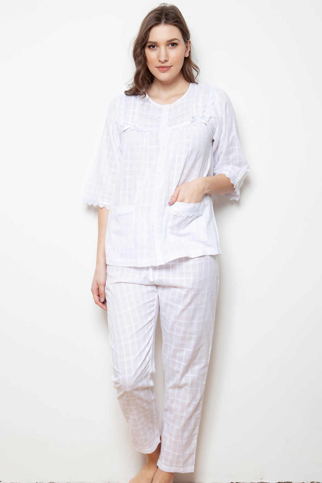 Cottonreal Indigo White Cotton Voile 34 Pyjama Set - Shirley Allum Boutique