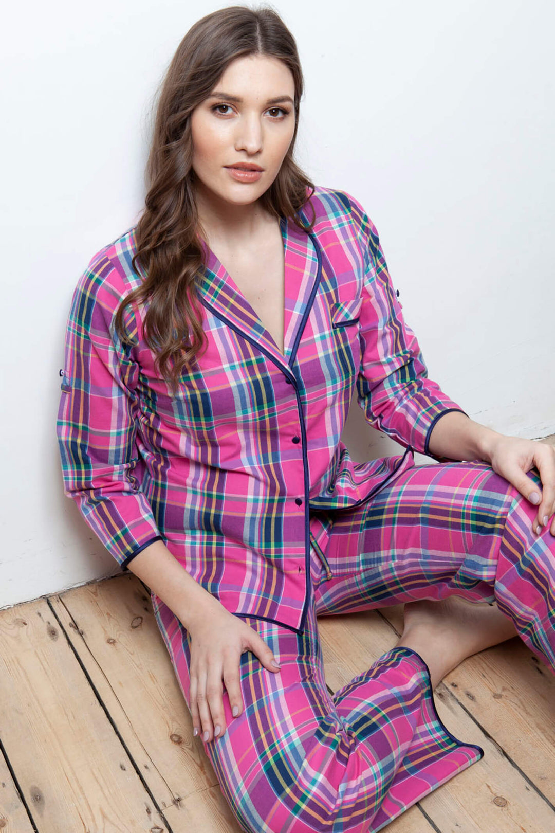 Cottonreal Pisa Yarn Dye Pink Check 100% Cotton Pyjamas - Shirley Allum Boutique