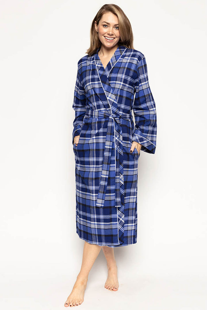 Cyberjammies 9459 Riley Navy Brushed Check Long Dressing Gown - Shirley Allum Boutique