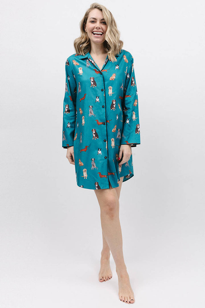 Cyberjammies 9576 Coco Dog Print Long Sleeve Dark Teal Blue Nightshirt - Shirley Allum Boutique