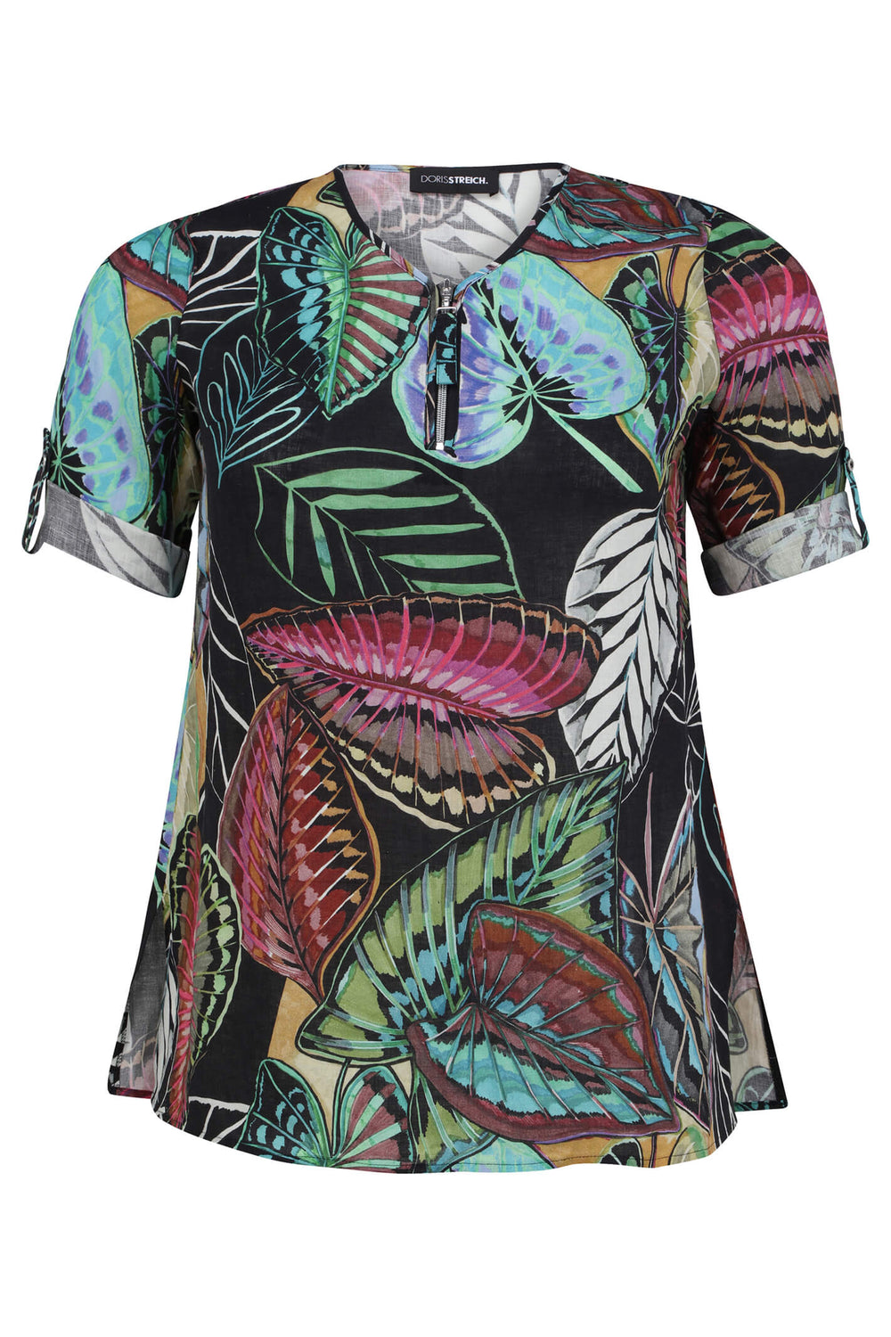Doris Streich 299 571 98 Black Leaf Print Zip Neck Linen Blouse - Shirley Allum Boutique