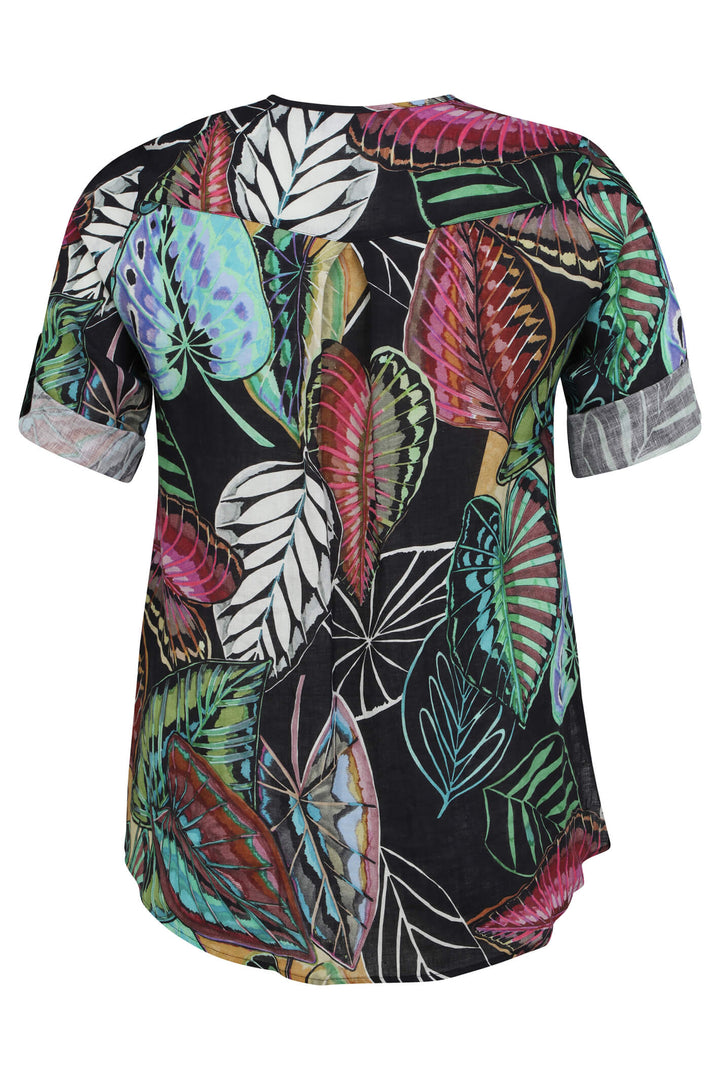 Doris Streich 299 571 98 Black Leaf Print Zip Neck Linen Blouse - Shirley Allum Boutique